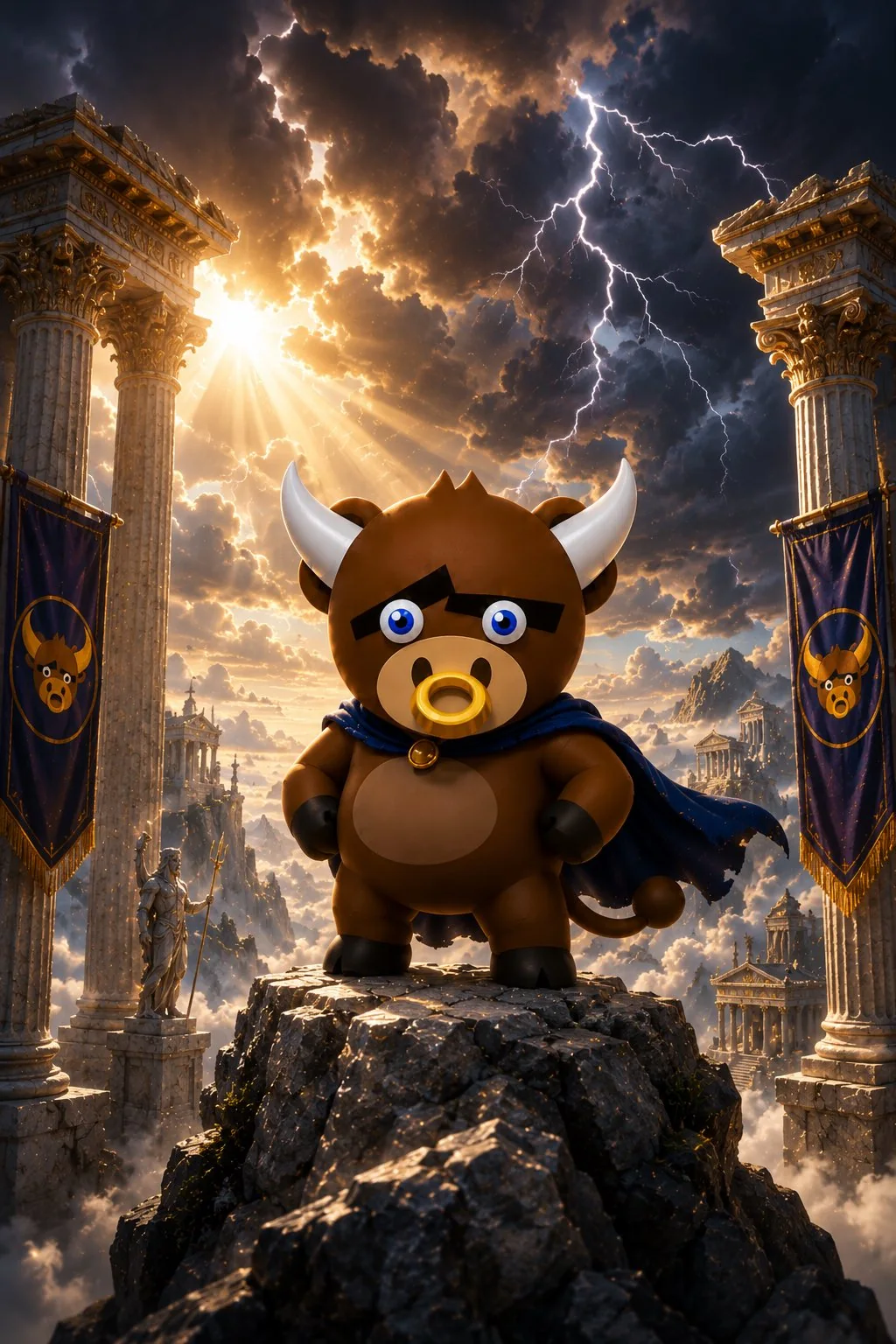 Flappy Bull standing through a market storm