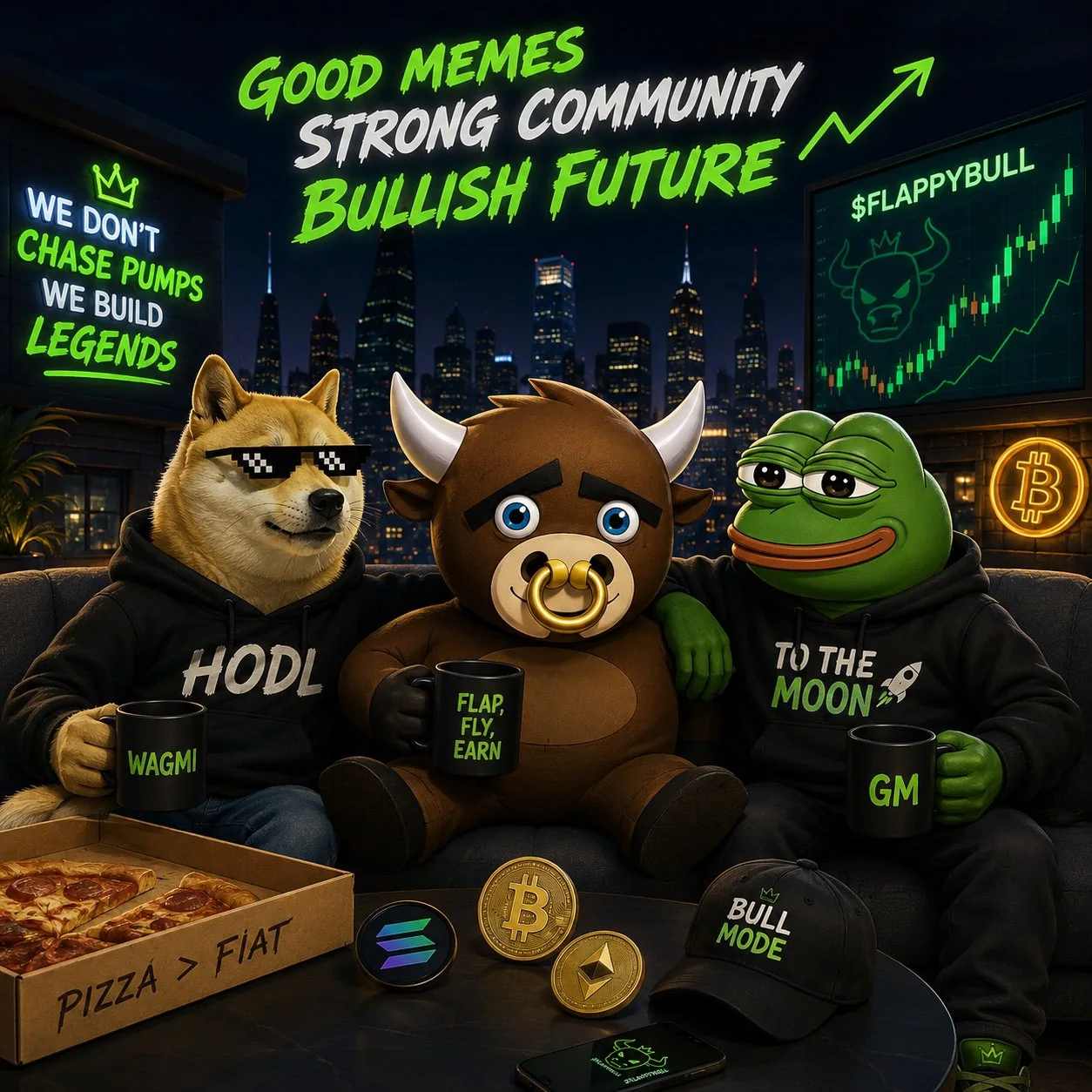 Flappy Bull relaxing with crypto meme friends in a premium city lounge