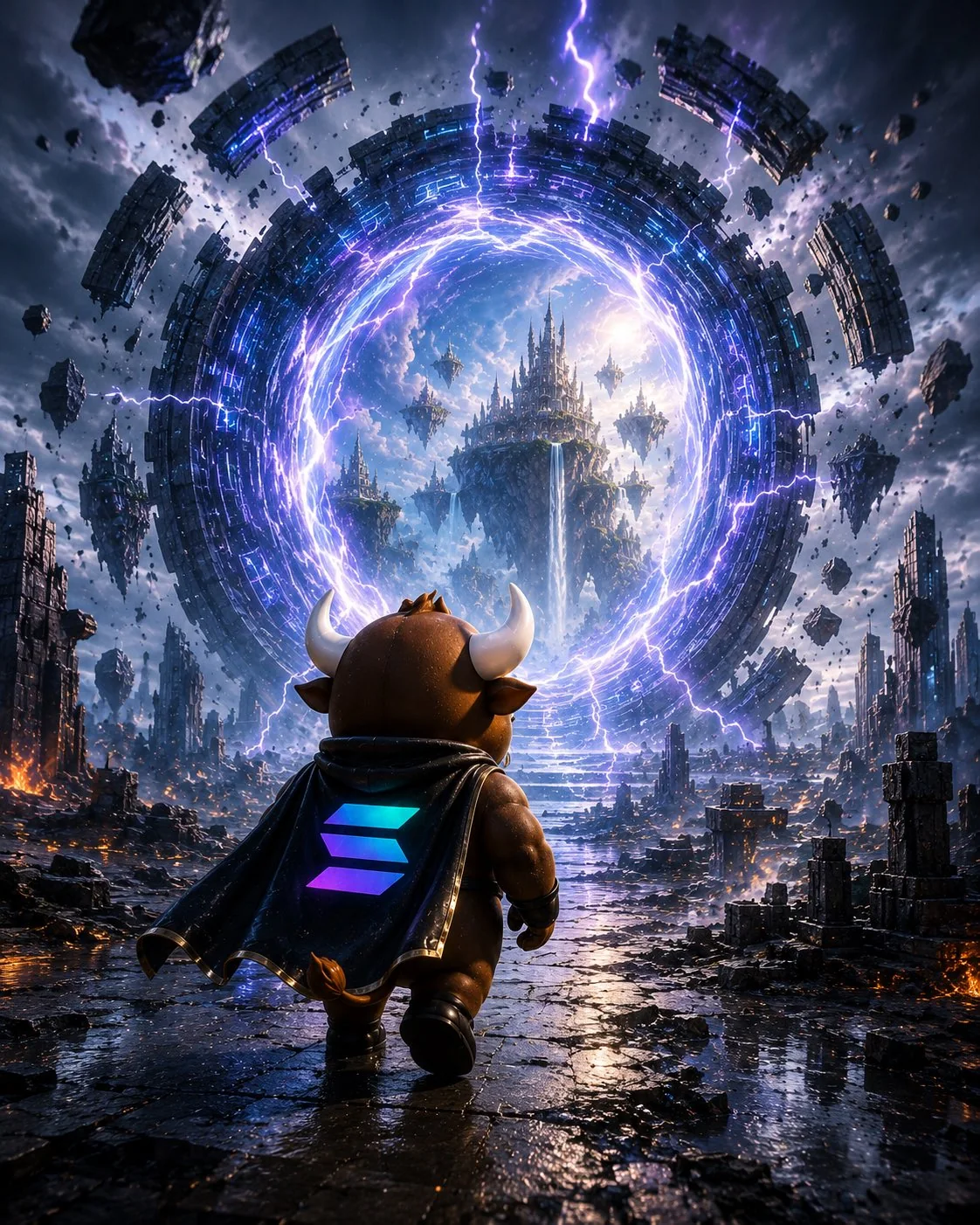 Flappy Bull approaching an electric portal to a floating city