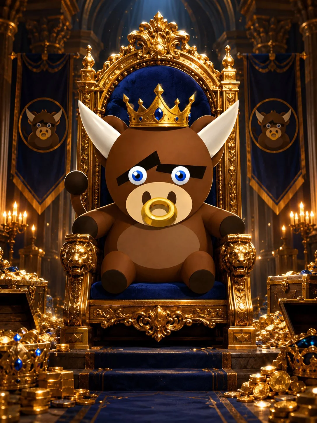 Flappy Bull inside a futuristic crypto market headquarters